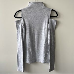 OAK + FORT Ribbed Long Sleeve Mock Neck with Shoulder Cut Outs in Heather Grey